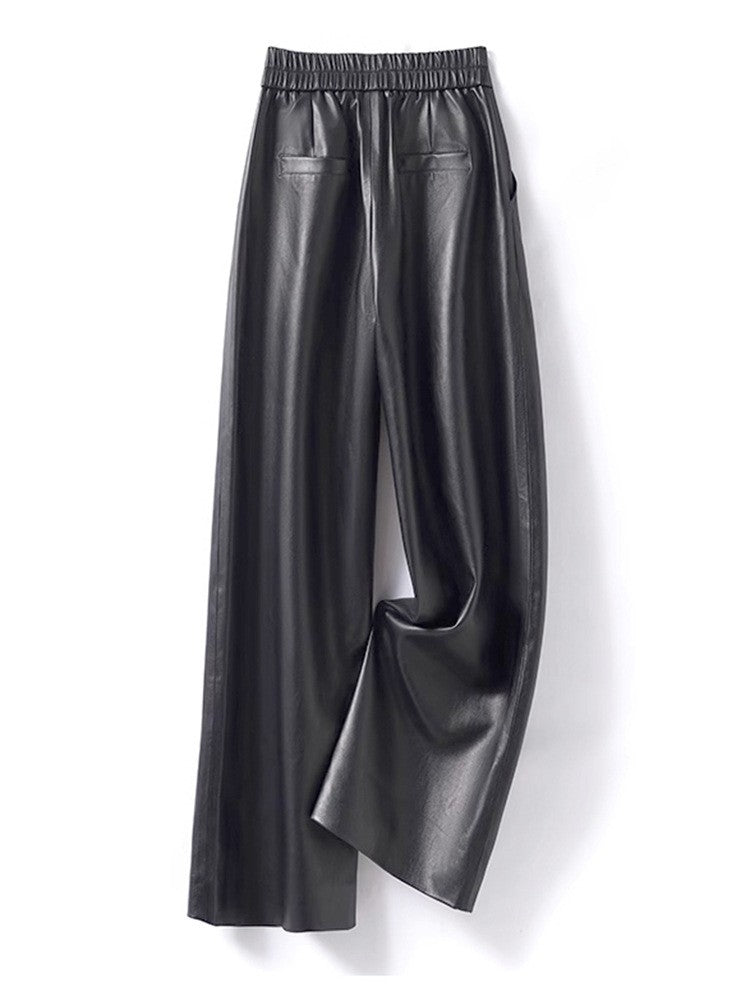 Black Genuine Leather Pants Women Sheepskin Straight Pants Spring Autumn High Waist Belt Loose Real Leather Casual Trousers