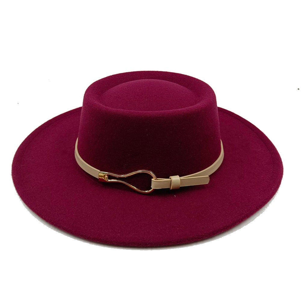 Acessórios femininos de fivela de couro metal com chapéu de feltro de pele com top côncavo e convexo, chapéu fedora e conjunto de bolsa combinando, estilo retrô