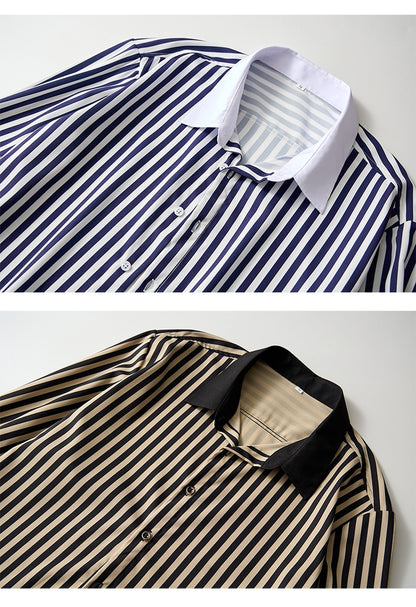 Men's White Vertical Stripe Long Sleeve Shirts, Single Breasted Lapel Shirt, Blue Gray Red Khaki Available, European Size S-XXL