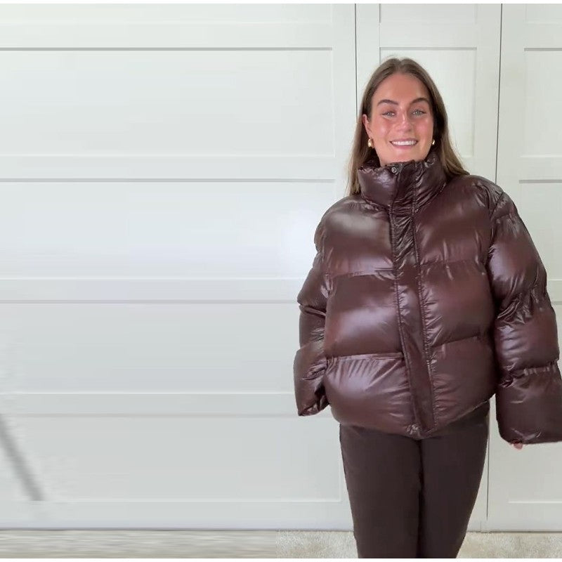 Fashion Glossy Padded Jacket Women's Solid Turtleneck Long Sleeve Warm Down Coat 2025 Autumn Winter New Lady Casual Outerwear