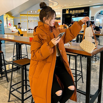 Long Thickened Down Cotton Bread Style Coat Women's Winter 2025 Outerwear Korean Loose Long Knee Length Solid Hooded Jacket