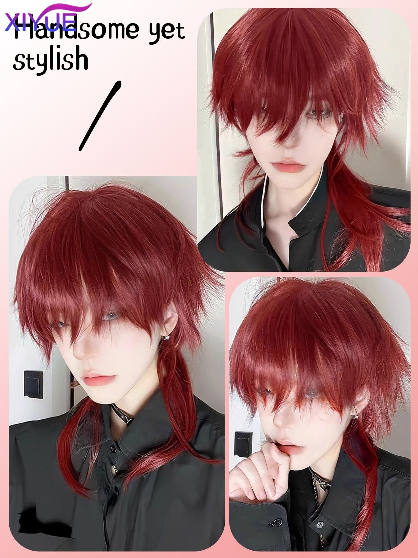 Wolf tailed Mullet Wig Mullet Head Wigs with Bangs Synthetic Straight Anime Men red Hair Wig for Daily Party Cosplay