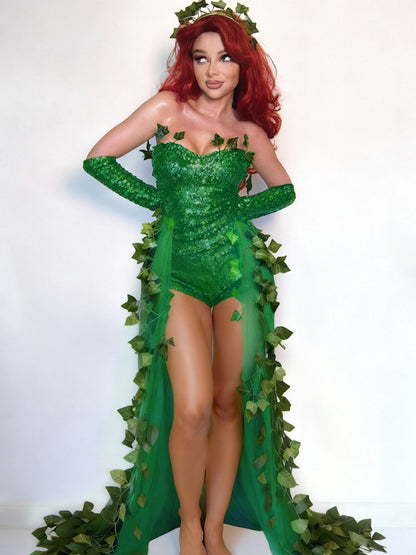 Sexy Halloween Costume Dress Adult Leaf Sequin Dance Dress Mini Skirt V-Neck Sleeveless Polyester Fiber Empire Waistline