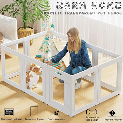Cercadinho Transparente Acrílico para Filhotes 60cm com Porta, Cerca Interna para Pequenos Cães de 10 Painéis, Fácil de Montar (Branco)