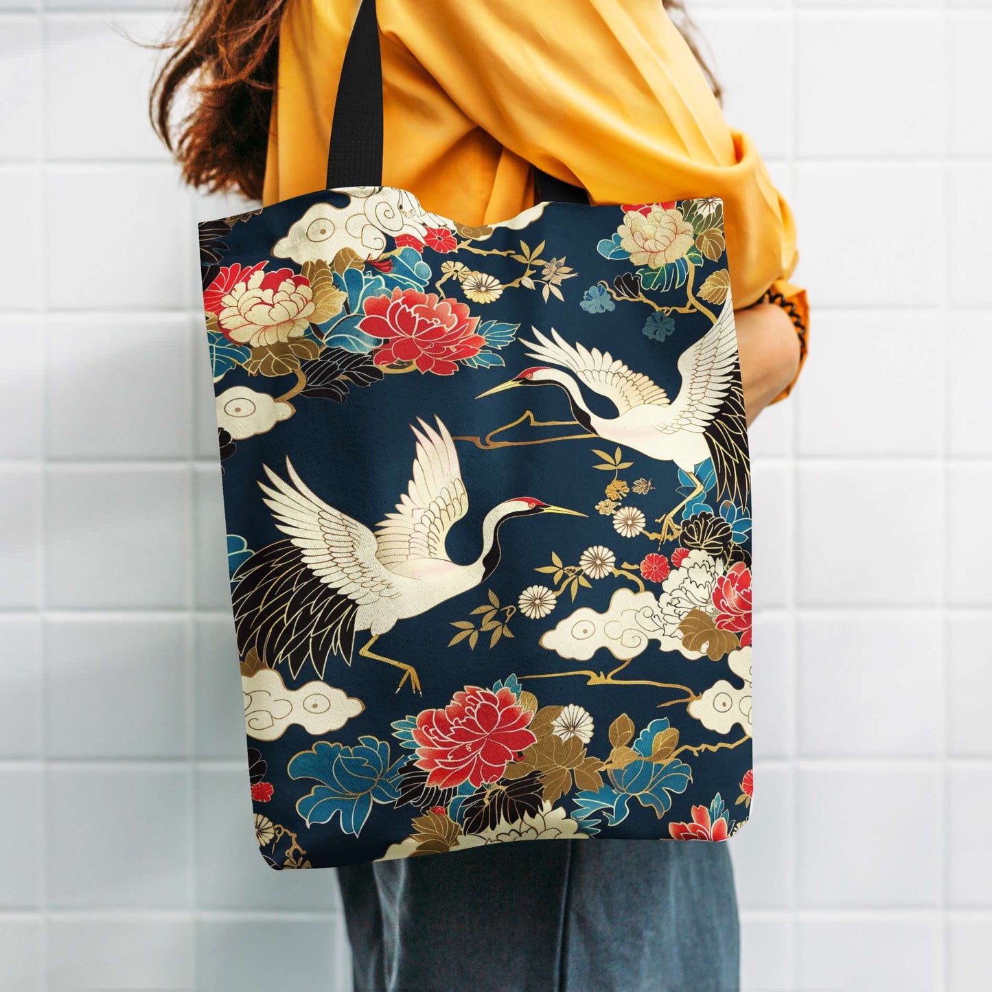 Japanese-Inspired Tote Bag with Crane And Floral Print, No Closure, Unlined, Durable Reusable Shopping Bag