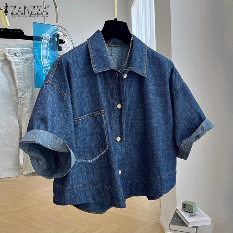 ZANZEA Denim Cardigan Shirts Women Elegant Office Blusas Casual Lapel Neck Outwears 2025 Half Sleeve Solid Color Fashion Tunic