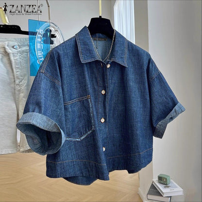 ZANZEA Denim Cardigan Shirts Women Elegant Office Blusas Casual Lapel Neck Outwears 2025 Half Sleeve Solid Color Fashion Tunic