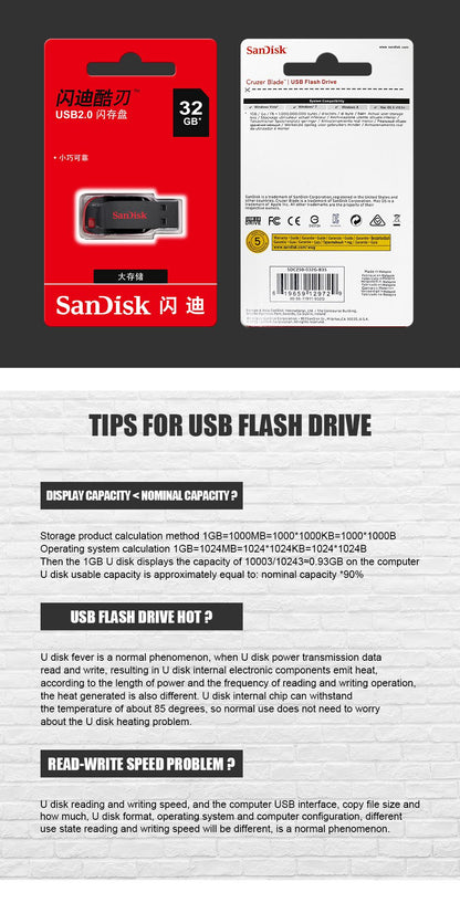 SanDisk CZ50 USB 2.0 Flash Drive 128GB 64GB 32GB U Disk 16GB USB2.0 Mini Pen Drive Memórias USB Flash USB Stick para computador