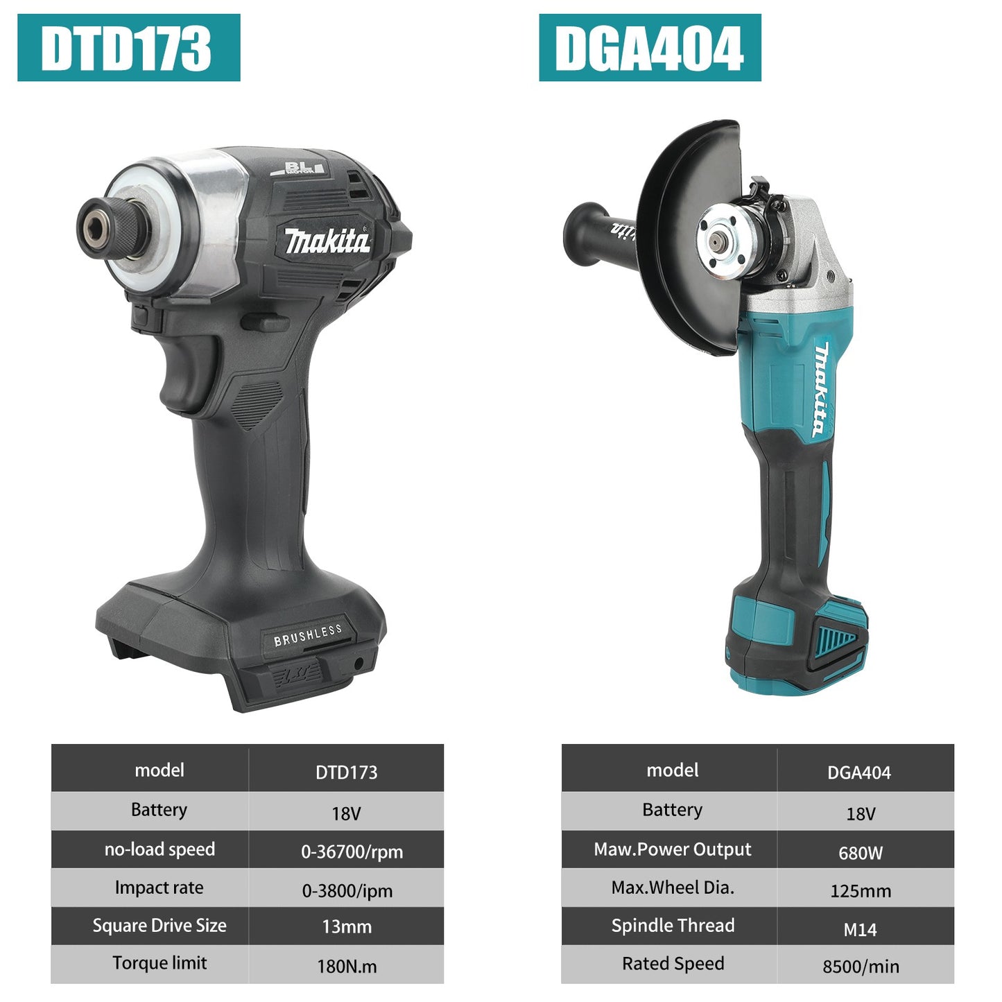 Makita DGA404 18V 125mm Esmerilhadeira Angular Elétrica a Bateria Sem Escova para Corte, Parafusadeira de Impacto DTD173 Sem Escova Ferramenta para Manutenção Automotiva