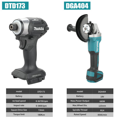 Makita DGA404 18V 125mm Esmerilhadeira Angular Elétrica a Bateria Sem Escova para Corte, Parafusadeira de Impacto DTD173 Sem Escova Ferramenta para Manutenção Automotiva