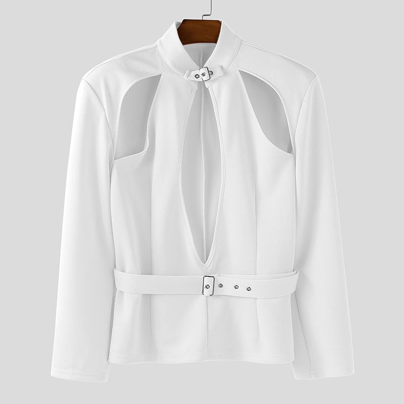 INCERUN Men Blazer Solid Stand Collar Long Sleeve Hollow Out Male Suit Streetwear Personality Fashion Casual Blazer With Belt