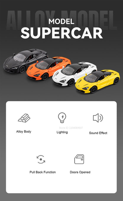 1:32 720S F1 Modelo Miniatura Carros Esportivos Liga Fundida Ornamento Supercarros Som Luz Portas Abertas Puxar Para Trás Presentes Infantis