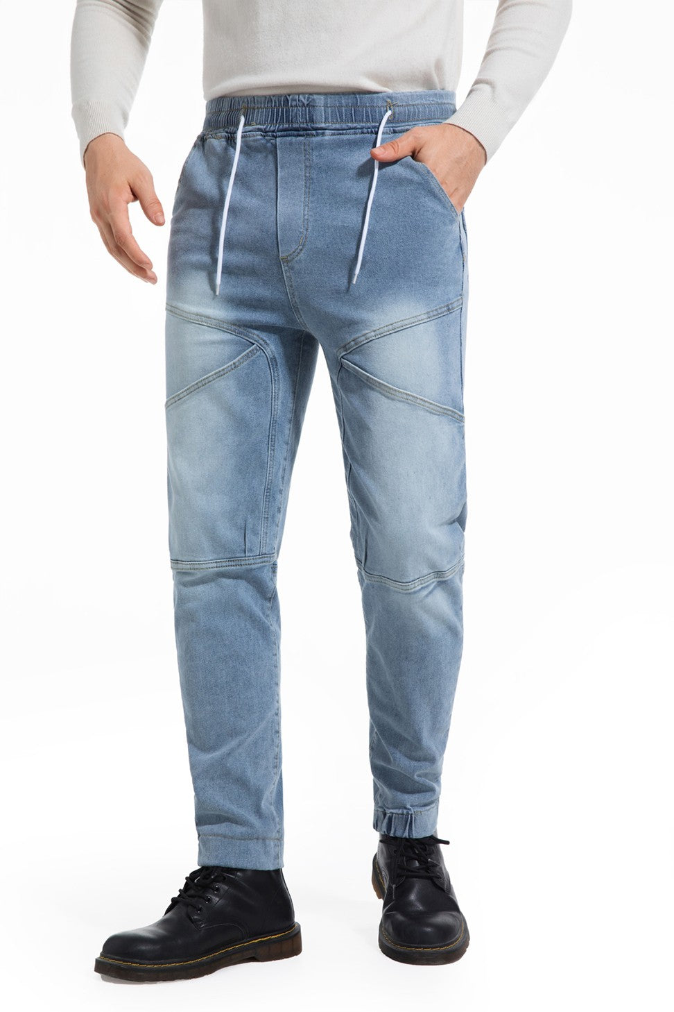 Calça jeans masculina, estilo casual, com elástico na cintura, cor lisa, adequada para todas as estações.