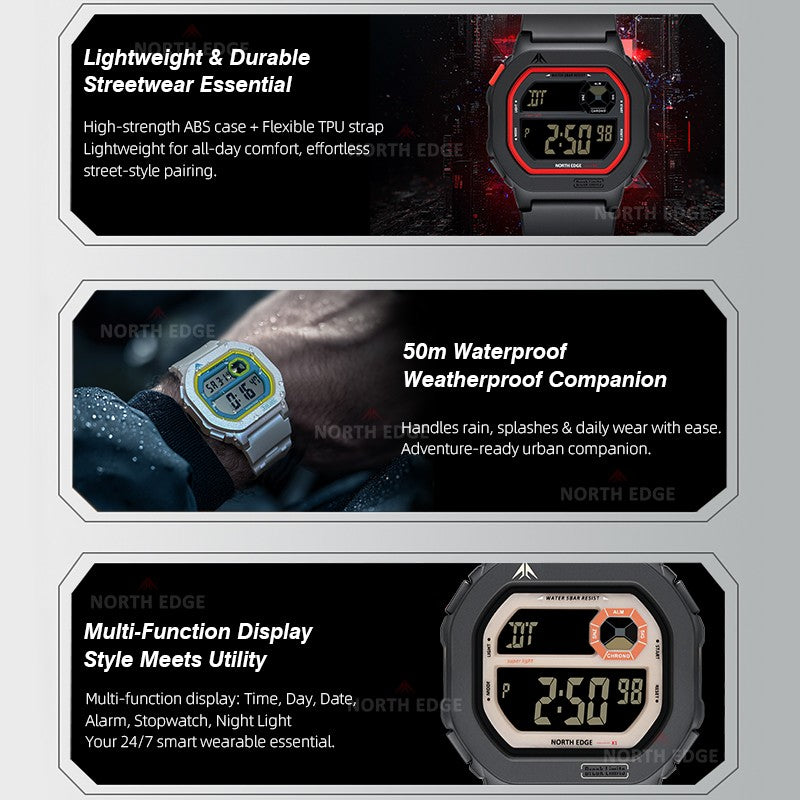 NORTH EDGE X1 Square Screen Digital Watch 2025 Men Women Sportswatch Waterproof 50M Stopwatch Countdown Alarm Clock Reloj Hombre