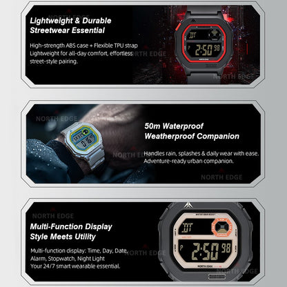 NORTH EDGE X1 Square Screen Digital Watch 2025 Men Women Sportswatch Waterproof 50M Stopwatch Countdown Alarm Clock Reloj Hombre