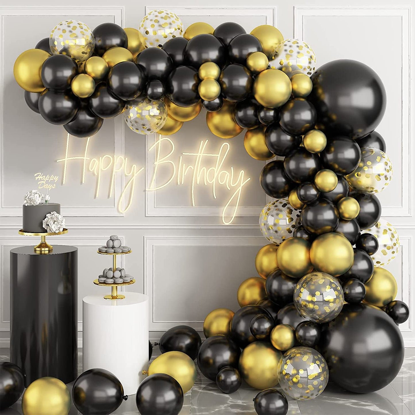 Black and Gold Balloons Garland Arch Kit with Starburst Foil Balloons for Wedding Birthday Family Party Decorations Supplies