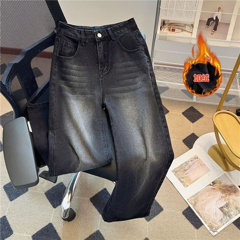 Winter Thick Women's Fleece Straight Jeans Casual Comfortable Soft Velvet Slim Pants Vintage Wide Plush Denim Trousers