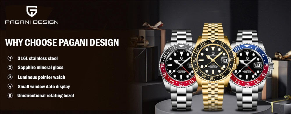 PAGANI DESIGN PD-1662 Luxury GMT Men Mechanical Wristwatch Sapphire Glass Stainless Steel 100M Waterproof Automatic Watches