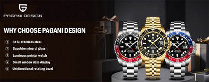 PAGANI DESIGN PD-1662 Luxury GMT Men Mechanical Wristwatch Sapphire Glass Stainless Steel 100M Waterproof Automatic Watches
