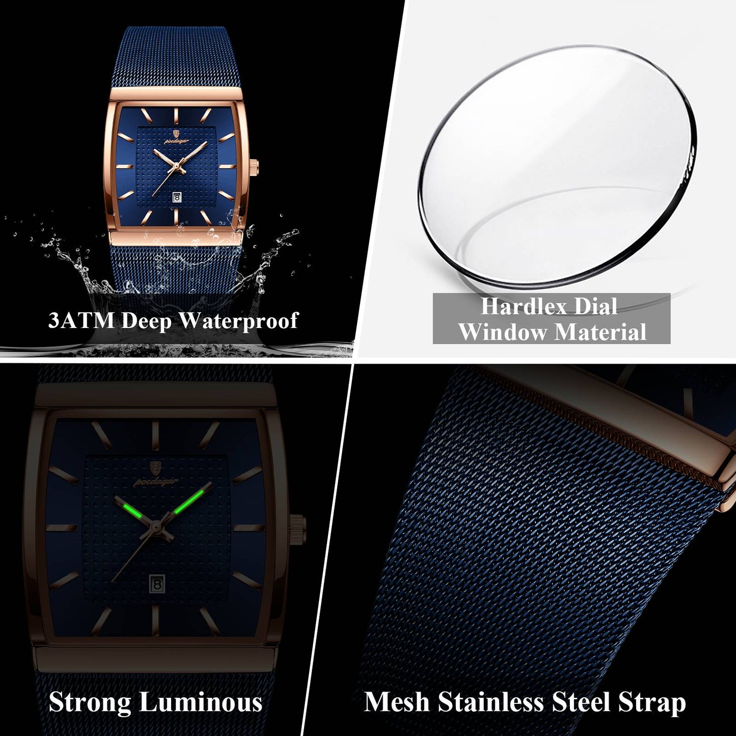 POEDAGAR Top Luxury Men Watch Stainless Steel Mesh Date Waterproof Luminous Man Wristwatch Casual Rectangle Quartz Men's Watches