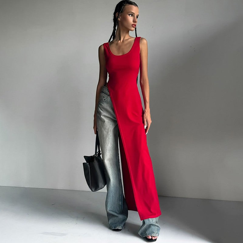 2025 Sexy Sleeveless Side High Split Dress Solid Backless Women Midi Dresses Sum