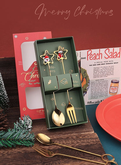 Warm Christmas Gift! Creative Santa Doll Dessert Spoon Fork 2-Piece Set Portable Tableware in Gift Box Sweet Surprise Friends