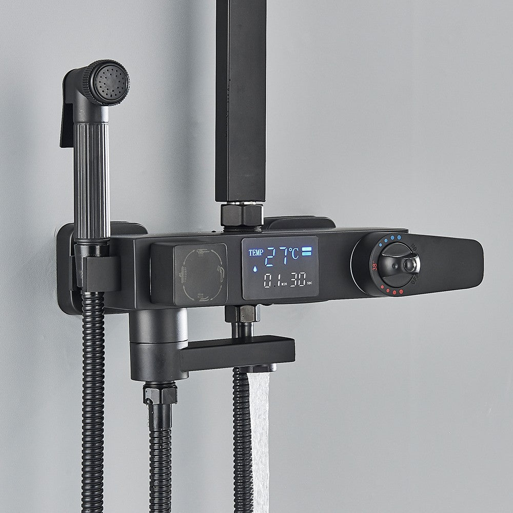 Black Digital Display Thermostatic Shower Faucet Bathroom Thermostatic 4 ways Rainfall Shower Mixer Tap,Shelf and Bidet Faucets