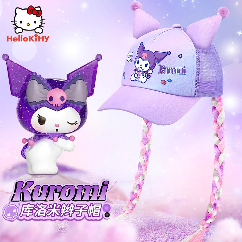 Sanrio Kuromi Baseball Cap Summer Sun Hats for Girl  Breathable Visor Hat  Kawaii Wig Braid Cute Kids Children Aged 5-10 Sunhat