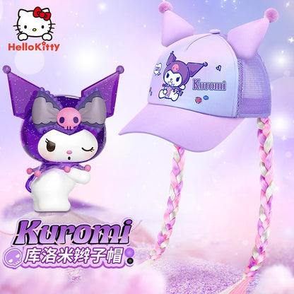 Sanrio Kuromi Baseball Cap Summer Sun Hats for Girl  Breathable Visor Hat  Kawaii Wig Braid Cute Kids Children Aged 5-10 Sunhat