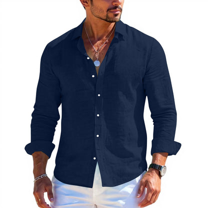Men's tops long sleeve new style shirt cotton linen cool solid color loose lapel casual beach style cardigan spring and summer