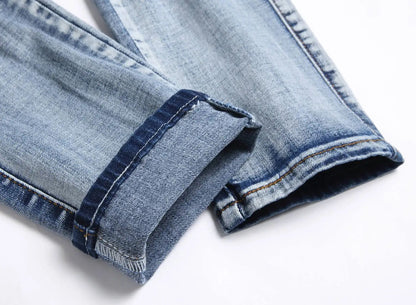 Blue Eyed Snake Embroidery Street Style Jeans For Teenagers Elastic Waist Cotton Material Casual Scene Suitable