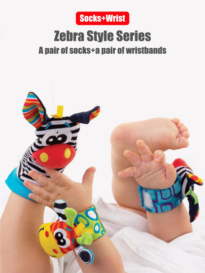 Conjunto com 4 peças de chocalhos de pulso e meias para bebês 0-12 meses, meninos e meninas, brinquedos educativos para o desenvolvimento inicial, presentes sensoriais fofos para bebês
