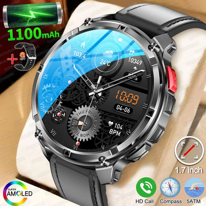 Relógio Inteligente Militar com Bússola GPS Masculino Bateria 1100mAh Lanterna Frequência Cardíaca 100+ Modos Esportivos Chamada Bluetooth Smartwatch à Prova d'Água