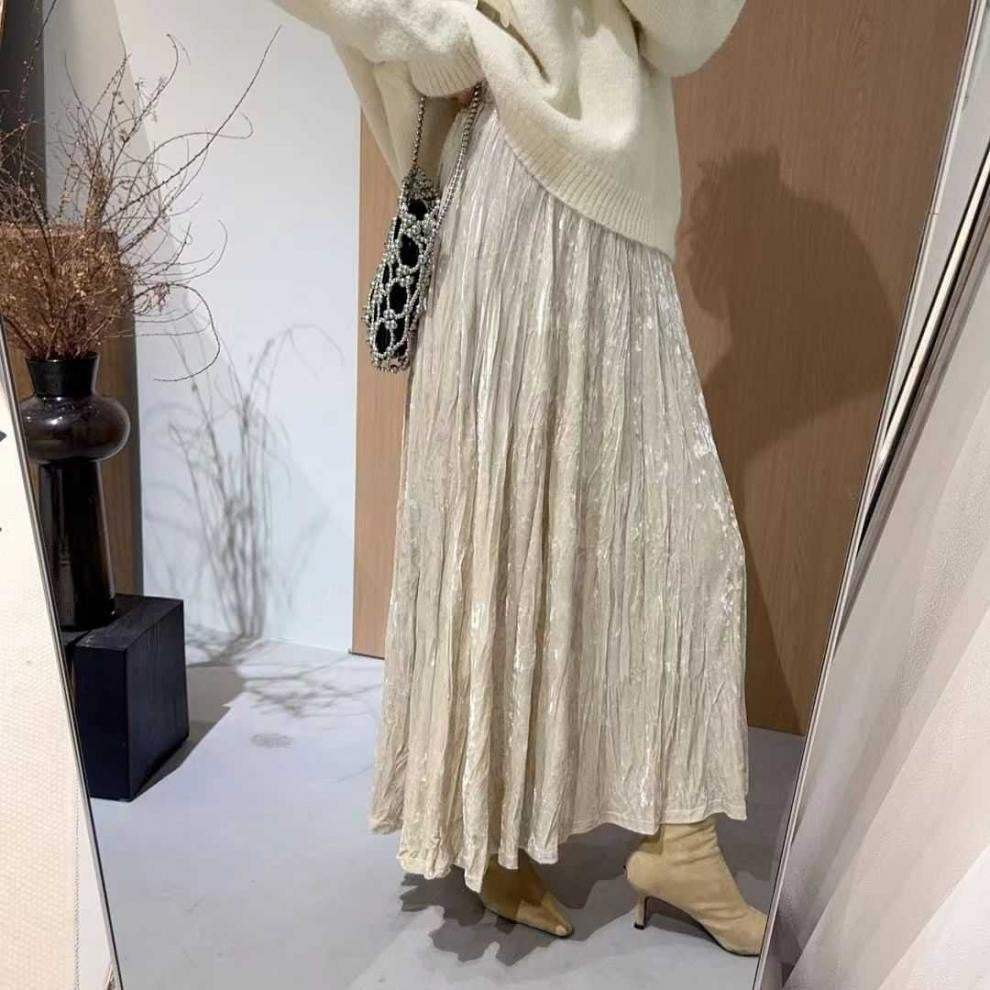 Plus Size Plus Size Women's Velvet Pleated A- Line Midi Skirt Autumn Winter Slimming Half-length Versatile Fashionable Commut...