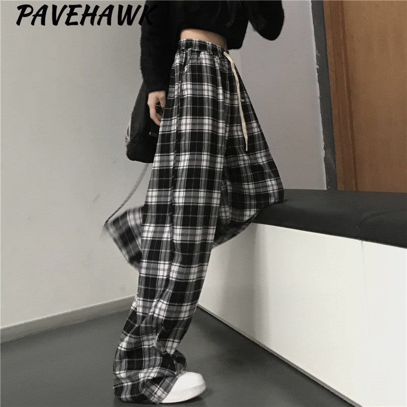 Women Black Plaid Wide Leg Pants Casual Hip Hop Elastic Waist Pockets Baggy Trousers Loose Vintage Y2K Sweatpants Streetwear