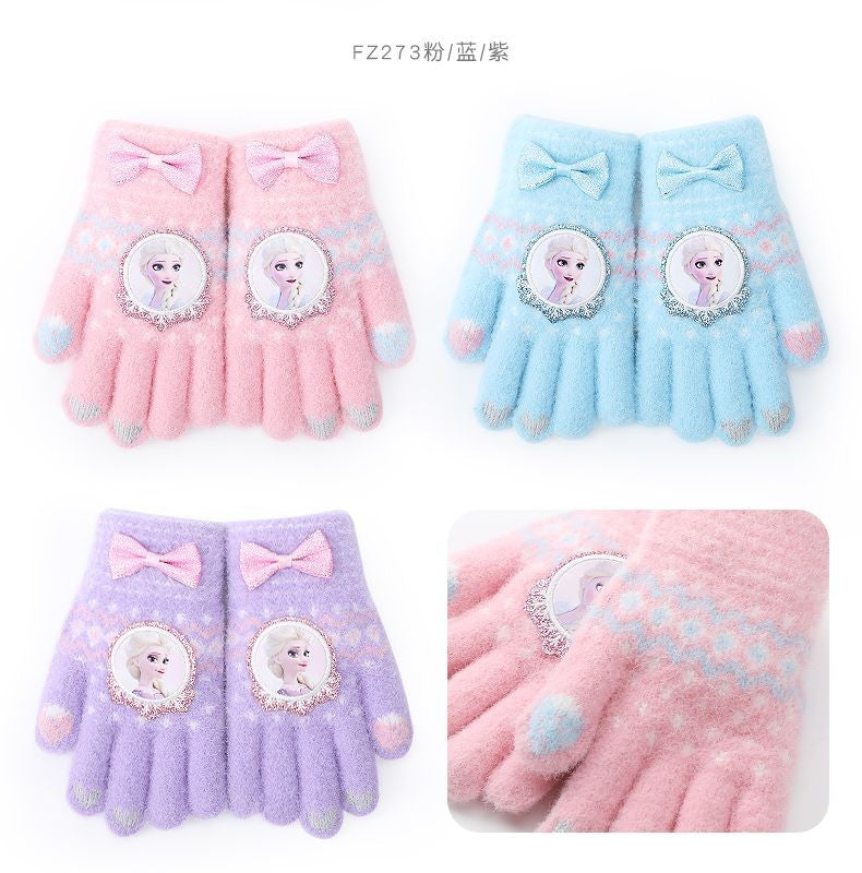 Disney Frozen Elsa desenho animado fofo e feminino coração outono e inverno luvas infantis grossas e quentes à prova de frio com dedos inteiros para atividades ao ar livre