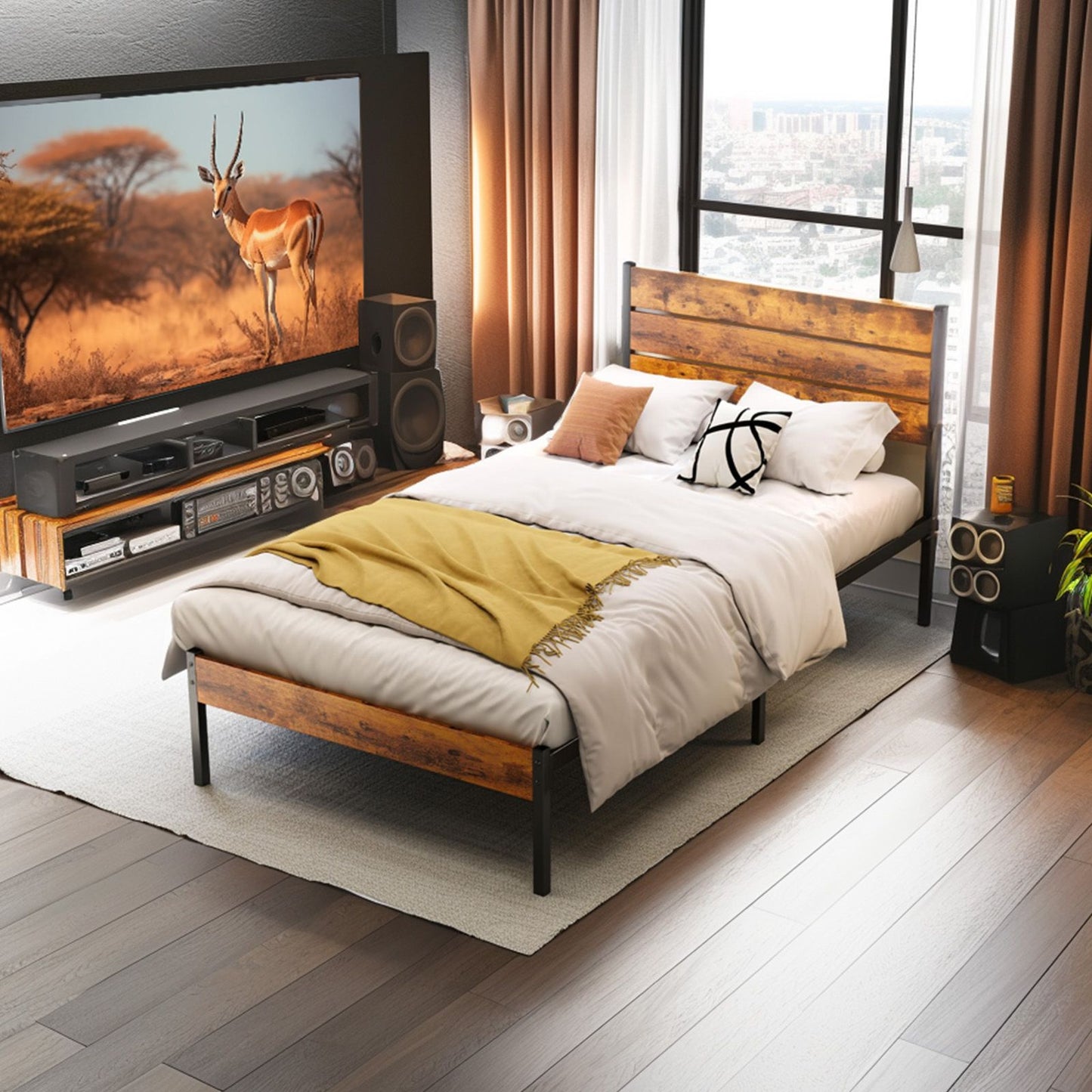Cama Box de Metal Queen Size JHK com Cabeceira e Peseira e Suporte de Ripas de Madeira Resistente de 800LBS para Quarto e Casa