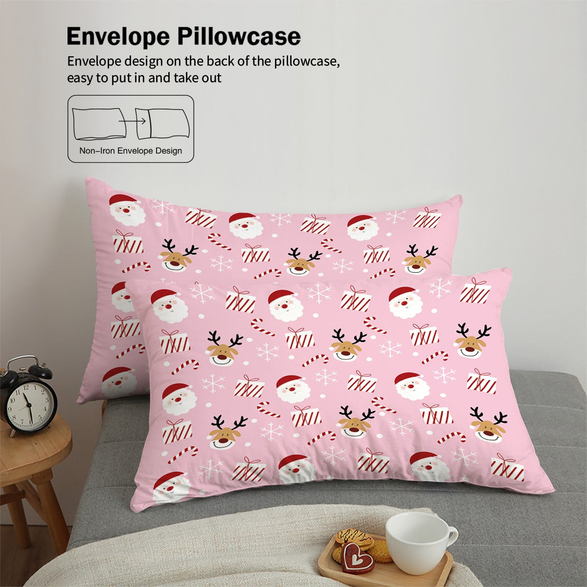 3-piece Christmas themed pink Santa Claus print (1 duvet cover+2 pillowcases, no core) soft and comfortable bedding set