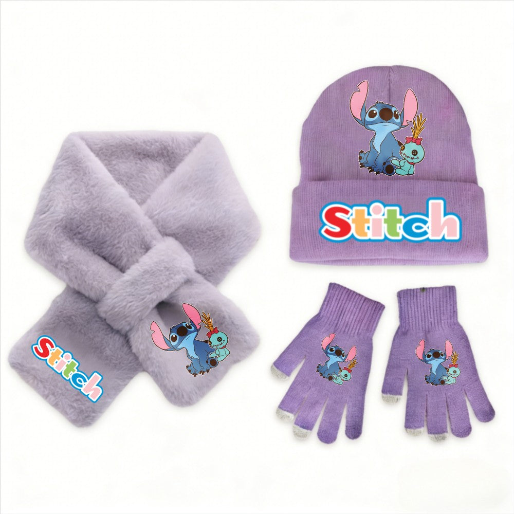 Conjunto de 3 peças de chapéu, cachecol e luvas de malha de inverno Stitch Disney Kawaii quente para meninas Acessórios casuais de moda infantil presente de Natal perfeito