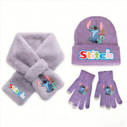 Conjunto de 3 peças de chapéu, cachecol e luvas de malha de inverno Stitch Disney Kawaii quente para meninas Acessórios casuais de moda infantil presente de Natal perfeito