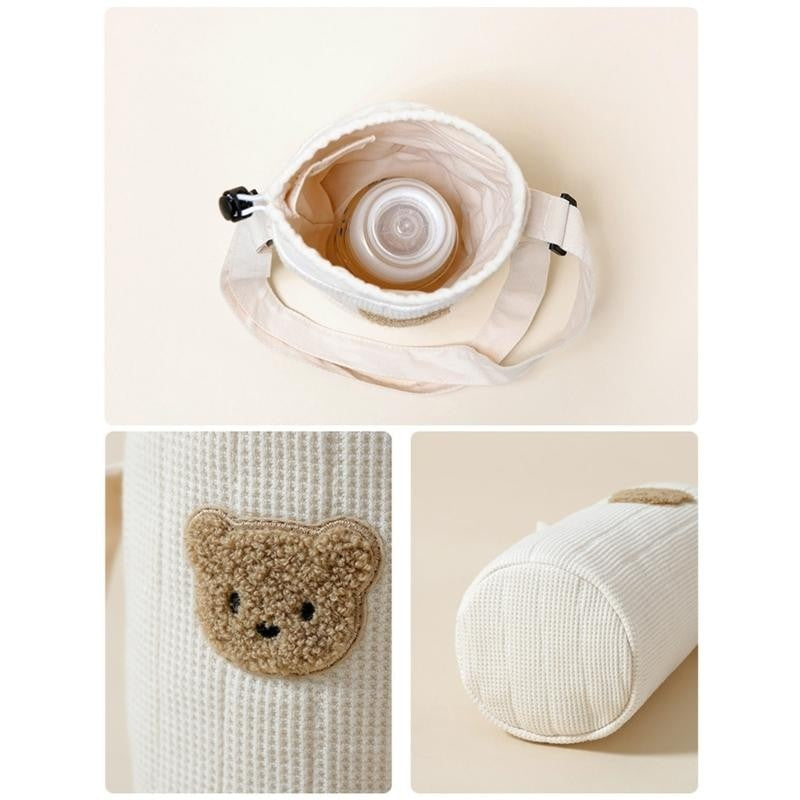 J15U Portable Baby Bottle Carrying Case Storage Bag for Easy Feeding Water Cup Organiser with Lovely Bear Embroidery