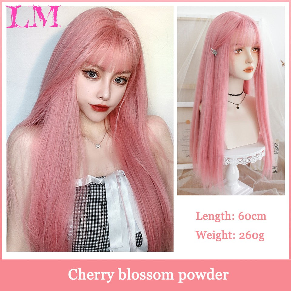 LM Medium Length Pink Cosplay Wig Heat Resistant Costume Party Synthetic Wigs 2 Clip On Ponytail 7 Colors