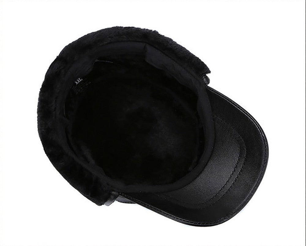 2025 New Style Men Ear Flap Genuine Leather Hat Winter Vintage Baseball Caps Thicken Warmer Flat Hats Fashion Real sheepskin Cap