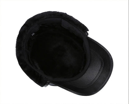 2025 New Style Men Ear Flap Genuine Leather Hat Winter Vintage Baseball Caps Thicken Warmer Flat Hats Fashion Real sheepskin Cap