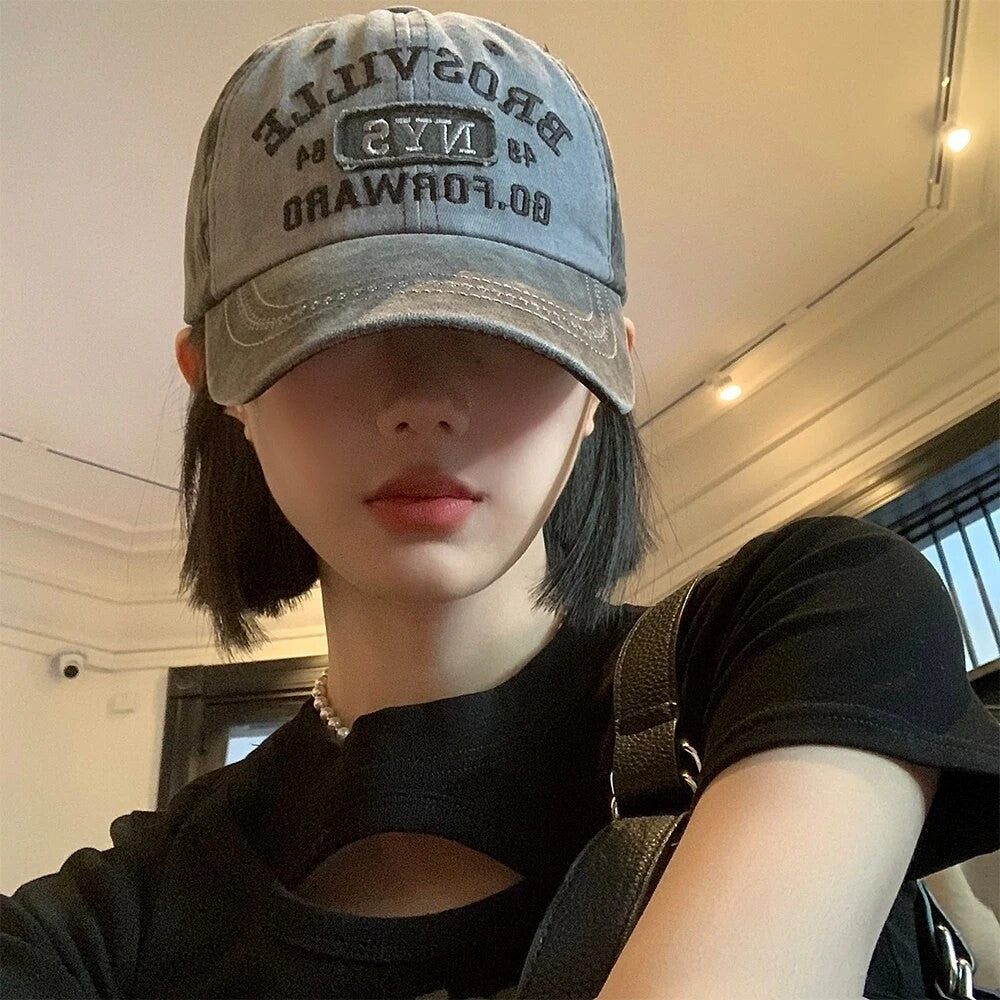 American Retro Baseball Hat Women's Soft Top Letter Washed Cowboy Duck Tongue Hat Wide Brim Big Head Surrounding Face Small Hat