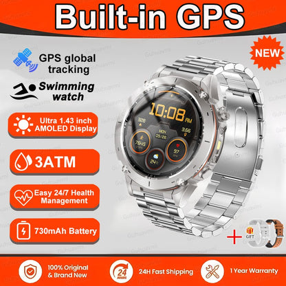 Novo T-Rex 3 GPS Smart Watch AMOLED de 1,43" à prova d'água 10ATM GNSS de banda dupla integrado Bússola Militar Esportivo Smartwatch Pulseira Masculina
