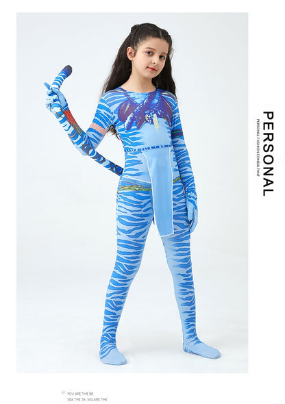 Girls Avatar 2 Neytiri Costume Tail Suit Boys Jake Sully Cosplay Zentai Bodysuit Jumpsuit Kids Halloween Birthday Party Costume