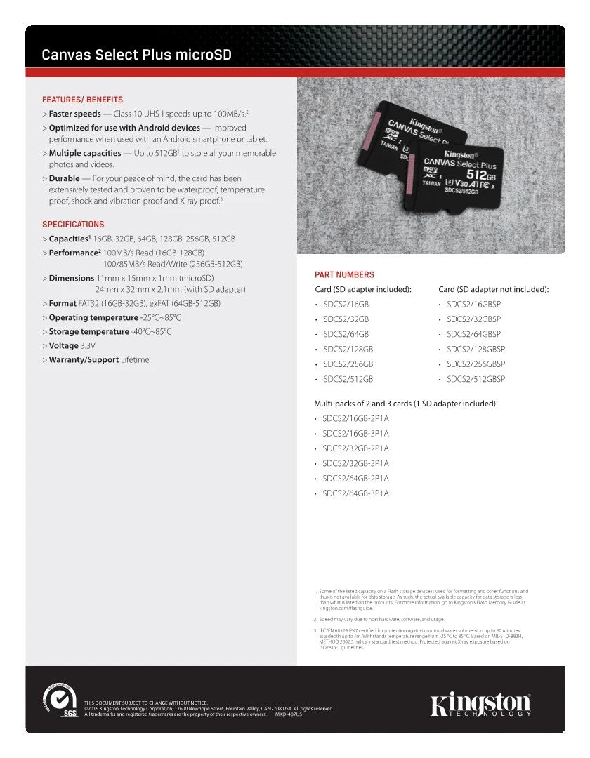 Cartão de Memória Kingston Até 200MB/S Micro SD TF 64GB 256GB 128GB 512GB 1TB Velocidade de Leitura Classe 10 U1 V30 A1 Flash para Eletrônicos