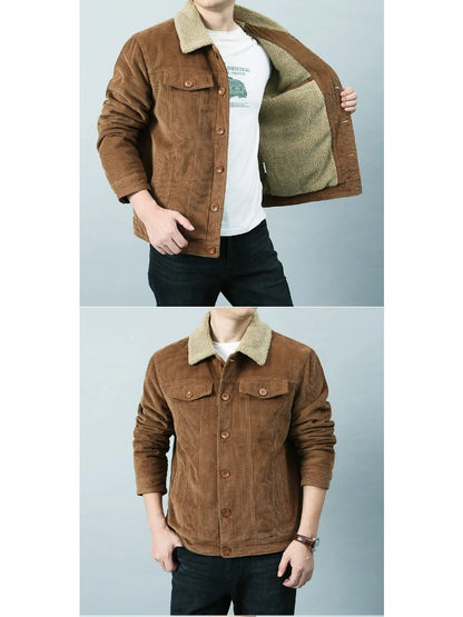 Male Cotton Jackets Padded Warm Loose Parka Coat Corduroy Short Jacket Man Solid Fur Collar Windbreaker Winter Men Fleece Jacket