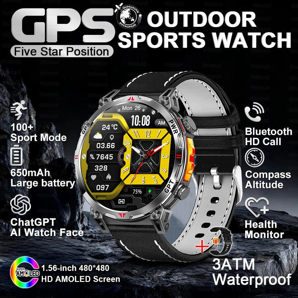 2025 Novo Relógio Inteligente Militar GPS para Exteriores Masculino 650mAh Bússola Altímetro 10ATM à Prova D'água Frequência Cardíaca Chamada Esportiva Smartwatch